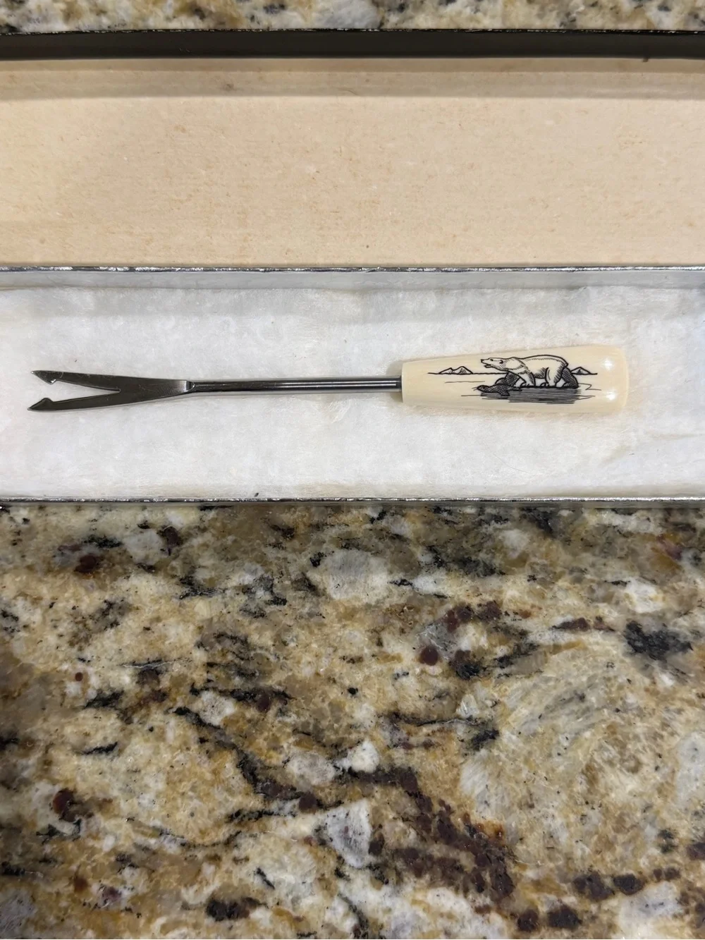 IVORY Handle POLAR BEAR SCRIMSHAW appetizer fork Alaskan Art Vintage 1950s